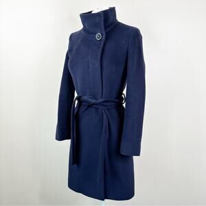 Cinzia Rocca Navy Blue Pure Virgin Wool Overcoat Womens 4 Button Front Belted